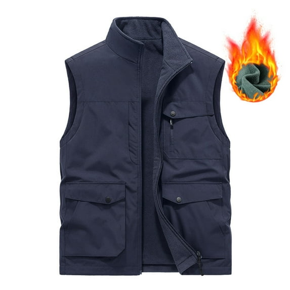 APEXFWDT Mens Big and Tall Winter Vests Outerwear Fleece Lined Cargo Vest Lightweight Casual Sleeveless Jacket Stand Collar Windproof Jacket Coat