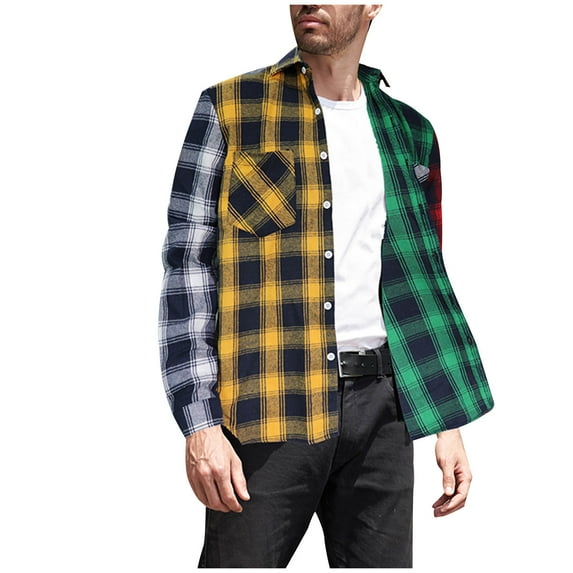 APEXFWDT Mens & Boys Flannel Plaid Shirts Long Sleeve Button Down Shirts Color Block Casual Lightweight Shirt Jacket