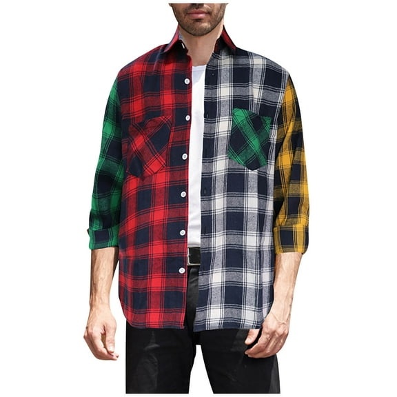 APEXFWDT Mens & Boys Flannel Plaid Shirts Long Sleeve Button Down Shirts Color Block Casual Lightweight Shirt Jacket