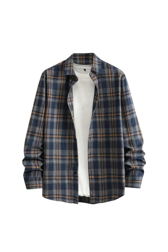 APEXFWDT Mens & Boys Plaid Shirt Long Sleeve Button Down Flannel Shirts with Pocket Vintage Casual Shirts Work Shirts for Men L,Navy