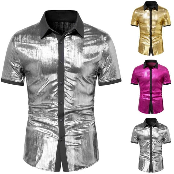 APEXFWDT Mens Button Down Disco Shirt Outfit Men Sequin Metallic Retro 70s Shirts Short Sleeve Disco Outfits Prom Party Top