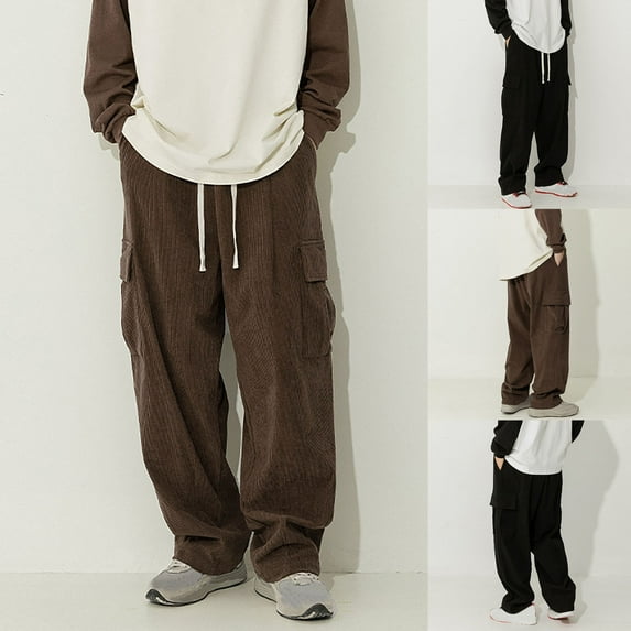 APEXFWDT Mens Corduroy Cargo Pants Vintage Straight Fit Jogger Pant Casual Work Lounge Trousers Drawstring Waist Baggy Cargo Pants