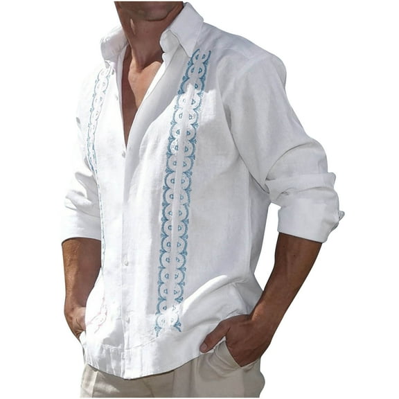 APEXFWDT Mens Cotton Linen Cuban Shirt Button Down Long Sleeve Print Shirts Casual Guayabera Beach Tops