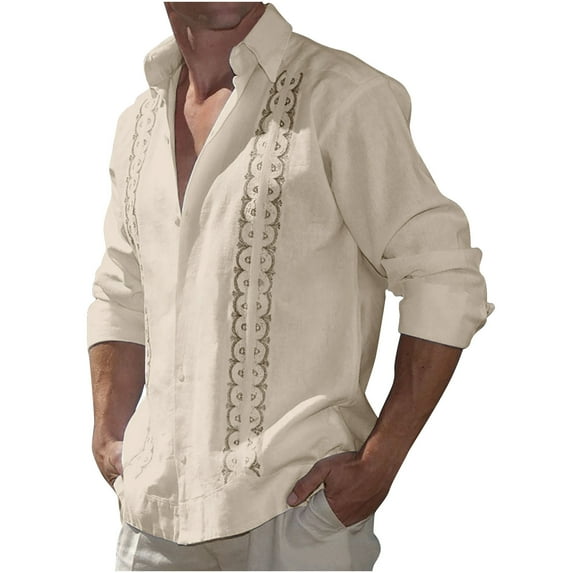 APEXFWDT Mens Cotton Linen Cuban Shirt Button Down Long Sleeve Print Shirts Casual Guayabera Beach Tops