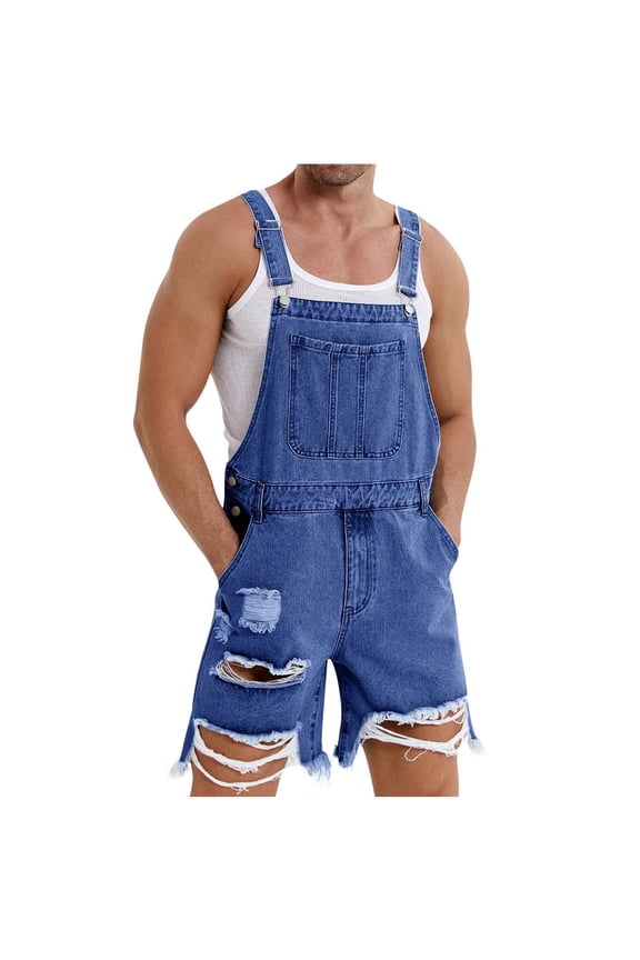 Mens Denim Shorts Bib Overall Loose Fit Ripped Jeans Adjustable Straps Summer Workwear Shortalls Jumpsuit , L,Blue