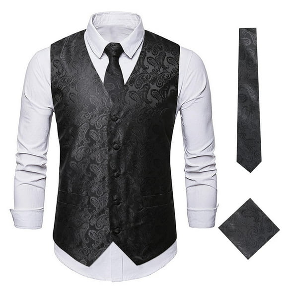 APEXFWDT Mens Dress Vest for Tuxedo, Paisley Vest for Formal Waistcoat   Necktie and Pocket Square Cufflink Set 3PC Sets for Suit Wedding