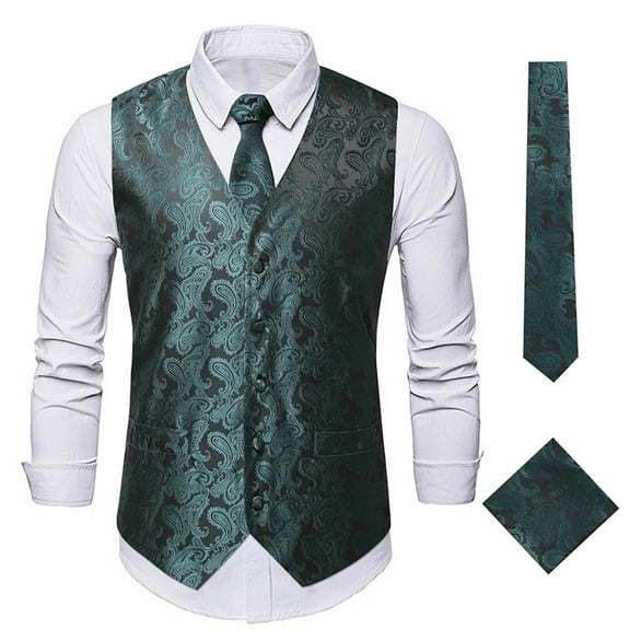 APEXFWDT Mens Dress Vest for Tuxedo, Paisley Vest for Formal Waistcoat + Necktie and Pocket Square Cufflink Set 3PC Sets for Suit Wedding