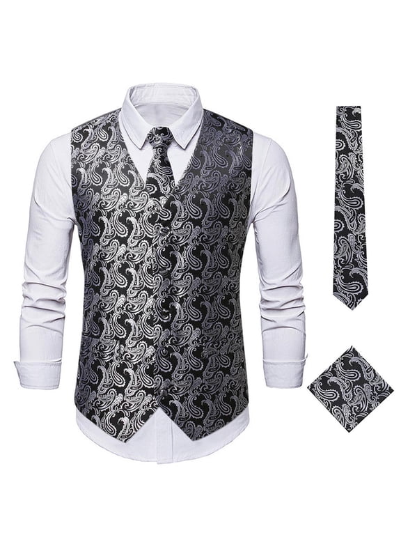 APEXFWDT Mens Dress Vest for Tuxedo, Paisley Vest for Formal Waistcoat + Necktie and Pocket Square Cufflink Set 3PC Sets for Suit Wedding