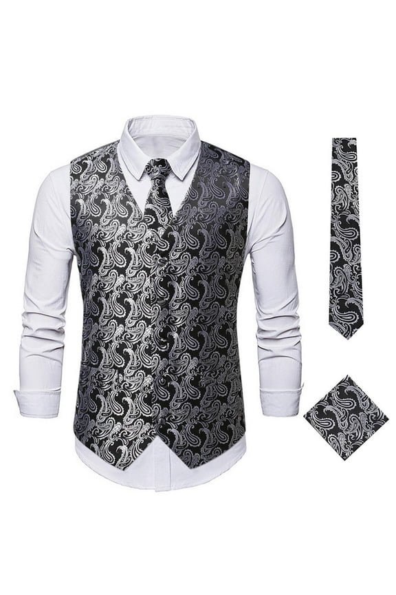 APEXFWDT Mens Dress Vest for Tuxedo, Paisley Vest for Formal Waistcoat + Necktie and Pocket Square Cufflink Set 3PC Sets for Suit Wedding