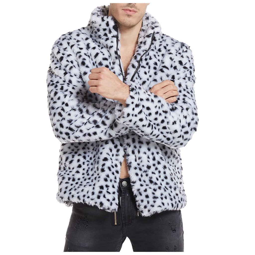 APEXFWDT Mens Fluffy Fuzzy Jacket Leopard Plush Fleece Casual Winter