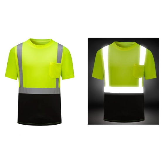 APEXFWDT Mens High Visibility Short Sleeve Reflective Safety T-Shirt, Breathable Hi Vis Shirts for Men ,Construction Work Shirts with Black Bottom,XL,Green