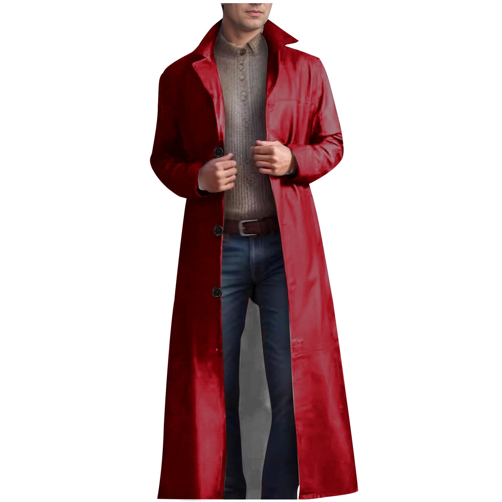 APEXFWDT Mens Leather Trench Coat Full Length Classic Faux Leather 