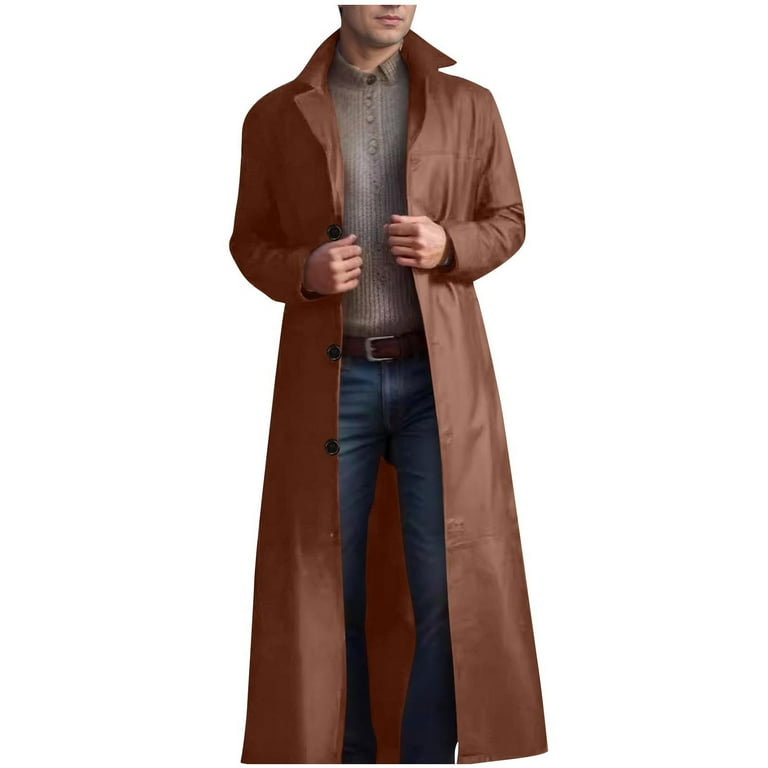 APEXFWDT Mens Leather Trench Coat Full Length Classic Faux Leather 