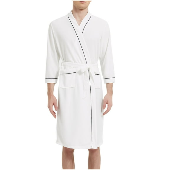 APEXFWDT Mens Lightweight Robe, Waffle Knit 3/4 Sleeve Kimono Bathrobe Spa Sleepwear Soft Knee Length Robe With Pockets