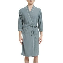 APEXFWDT Mens Lightweight Robe, Waffle Knit 3/4 Sleeve Kimono Bathrobe Spa Sleepwear Soft Knee Length Robe With Pockets