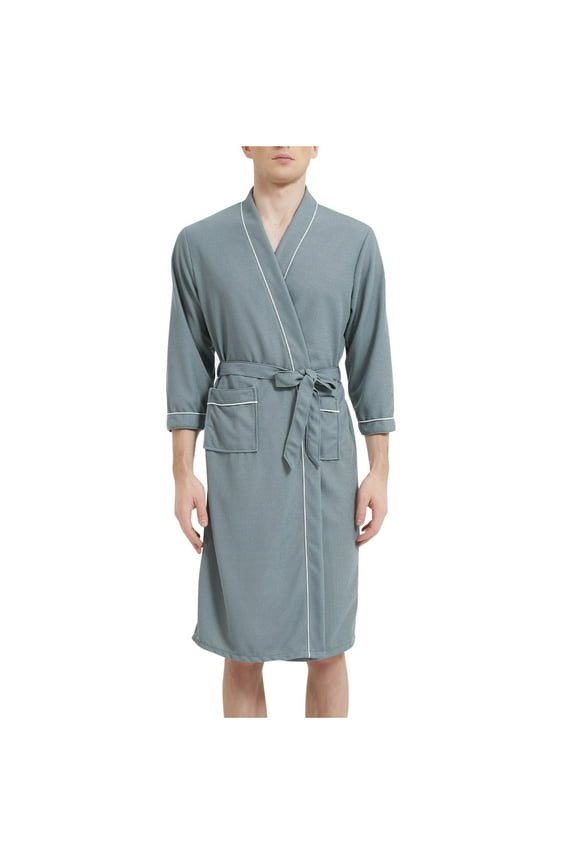 APEXFWDT Mens Lightweight Robe, Waffle Knit 3/4 Sleeve Kimono Bathrobe Spa Sleepwear Soft Knee Length Robe With Pockets