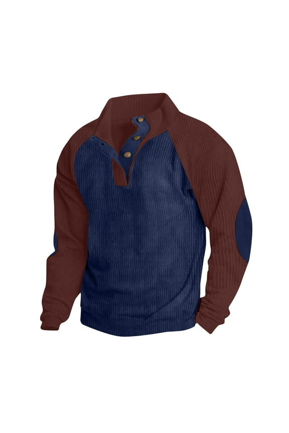 APEXFWDT Mens Long Sleeve Corduroy Shirt Stand Collar Button Up Pullover Sweaters with Elbow Patches Mens Casual Henley Corduroy Shirt Tops