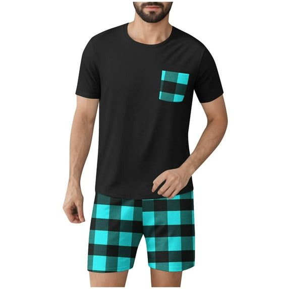 APEXFWDT Mens Pajama Set Summer Pjs Sleepwear Nightwear Lightweight Soft Short Sleeve and Plaid Shorts Pjs Sleep Set With Pocket L,Green