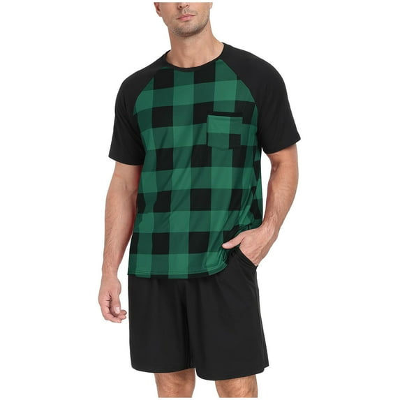 APEXFWDT Mens Pajama Short Sets Short Sleeve Plaid Top and Shorts Pajama Sleepwear Comfy 2 Piece Lounge Set with Pocket