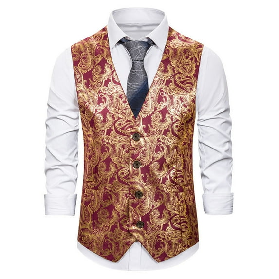 APEXFWDT Mens Print Dress Vest Slim Fit Single Breasted Button Down Formal Waistcoat V Neck Suit Vest for Festival Party