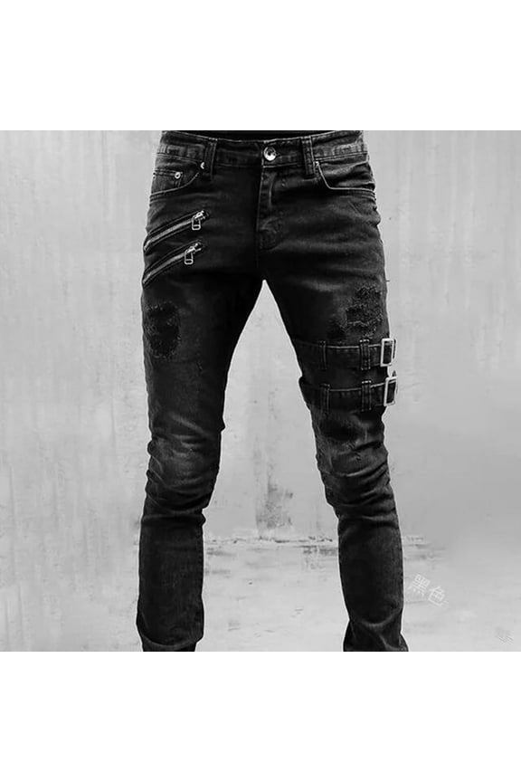 APEXFWDT Mens Ripped Skinny Jeans Distressed Destroyed Slim Fit Straight Leg Denim Pant Punk Gothic Moto Biker Jeans Pants Streetwear