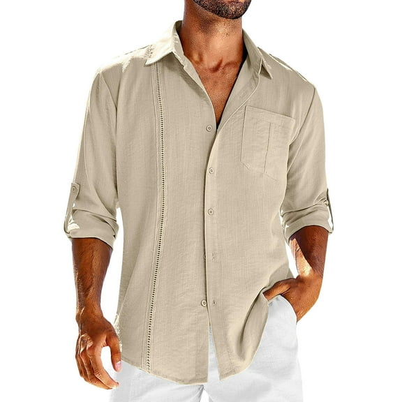 APEXFWDT Mens Roll-Sleeve Button Down Shirt Linen Casual Long Sleeve Shirts Collared Hippie Beach Tops Solid Spread Collar Summer Shirts