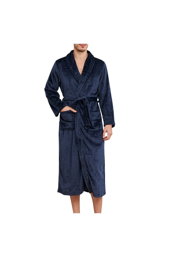 APEXFWDT Mens Shawl Collar Fleece Bathrobe, Soft Warm Plush Long Sleeve Robe with Pockets Spa Robes for Men Cozy Sleepwear