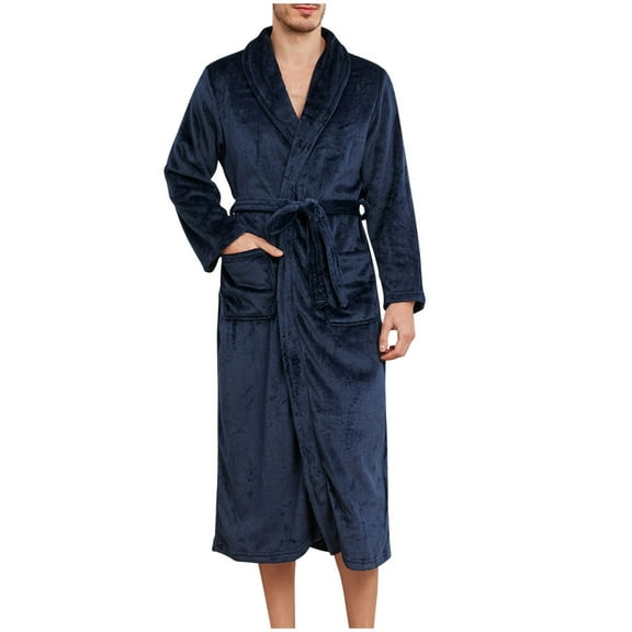 APEXFWDT Mens Shawl Collar Fleece Bathrobe, Soft Warm Plush Long Sleeve Robe with Pockets Spa Robes for Men Cozy Sleepwear