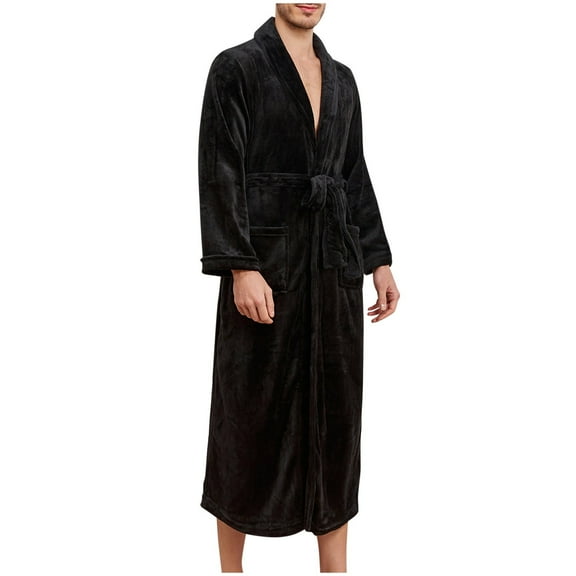 APEXFWDT Mens Shawl Collar Fleece Bathrobe, Soft Warm Plush Long Sleeve Robe with Pockets Spa Robes for Men Cozy Sleepwear