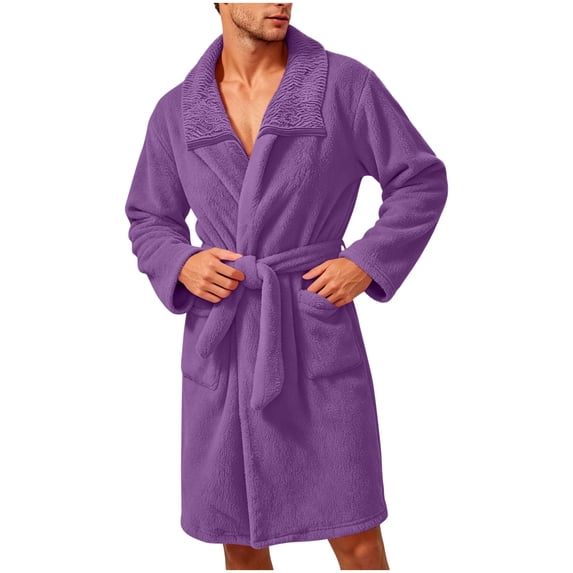 APEXFWDT Mens Soft Fleece Robe Plush Fluffy Bathrobe Cozy Warm Long Sleeve Short Spa Robe