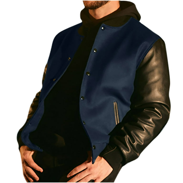 APEXFWDT Mens Varsity Baseball College Bomber Leather High School Plain Letterman Jacket Leather Sleeves Wool Blend Fall Winter Coat Baseball Jacket Walmart