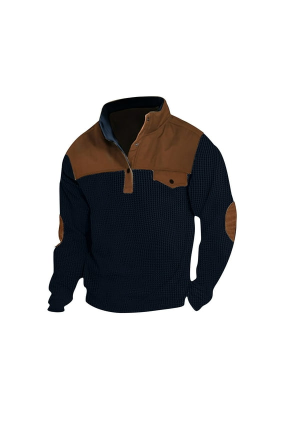 APEXFWDT Mens Vintage Shirt Raglan Button Up Stand Collar Pullover Tops Men Corduroy Shirt Long Sleeve Sweatshirts with Elbow Patches