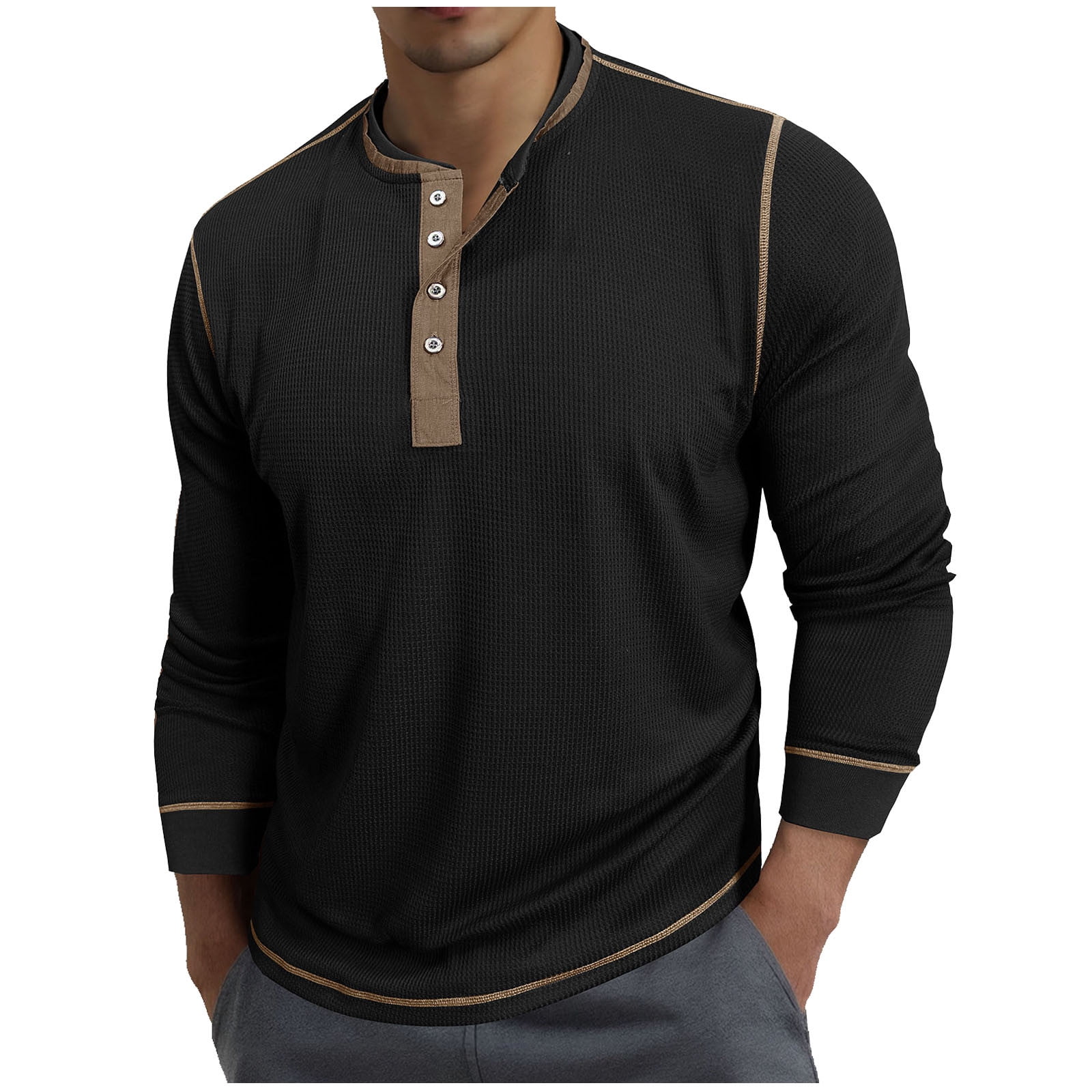 APEXFWDT Mens Waffle Knit Henley Top Long Sleeve Button Front