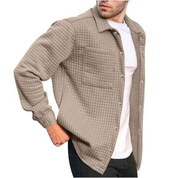 APEXFWDT Mens Waffle Lightweight Jacket Casual Button Down Shacket Jacket Long Sleeve Solid Color Jacket with Pockets