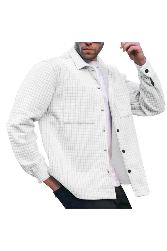 Mens Waffle Lightweight Jacket Casual Button Down Shacket Jacket Long Sleeve Solid Color Jacket with Pockets