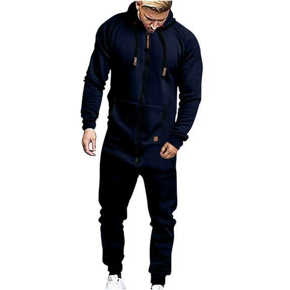 APEXFWDT Onesie Men's Hooded Jumpsuit Zip Up One Piece Playsuit Jogger Sweatsuit Overall Romper Men Fashion Long Sleeve Jumpsuit Hooded Onesie Sweatsuit
