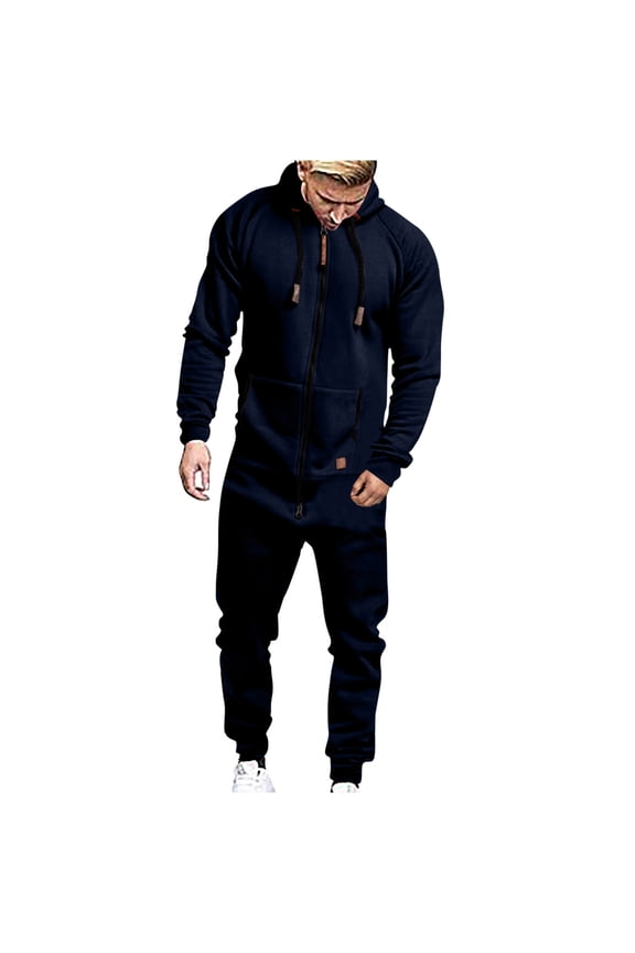 APEXFWDT Onesie Men's Hooded Jumpsuit Zip Up One Piece Playsuit Jogger Sweatsuit Overall Romper Men Fashion Long Sleeve Jumpsuit Hooded Onesie Sweatsuit