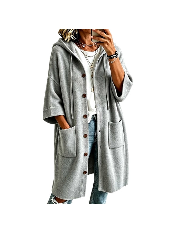 Open Front Hooded Knit Cardigan Sweater for Women Mid Length 3/4 Sleeve Button Down Casual Long Sweater Coat with Pockets