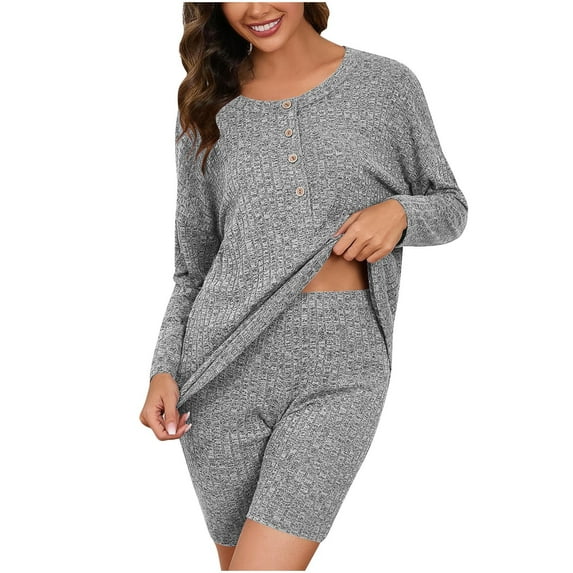 APEXFWDT Pajamas Set for Women Ribbed Short Lounge Set 2 Piece Outfits Loungewear Womens Long Sleeve Top with Shorts Matching Set