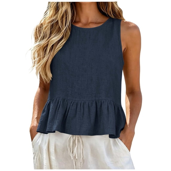 APEXFWDT Peplum Top Women's Cotton Linen Beach Ruffle Tank Top Round Neck Sleeveless Cute Casual Summer Shirt