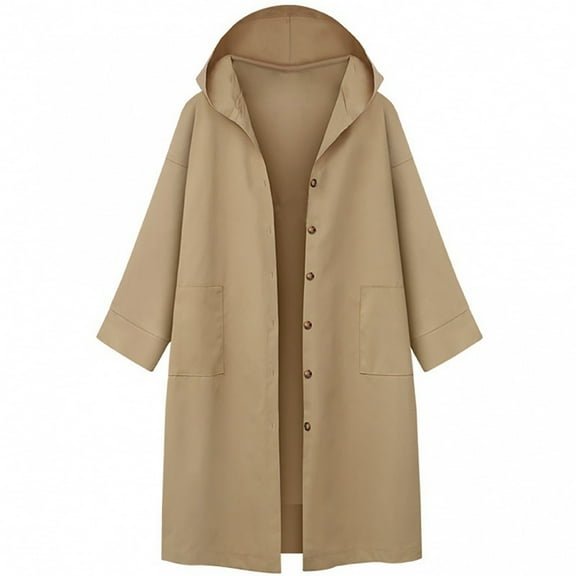 APEXFWDT Plus Size Jacket Women L-4XL,Lightweight Long Windbreaker Hooded Trench Coats Button Down Loose Fitted Trenchcoat with Pockets Spring Fall Outwear