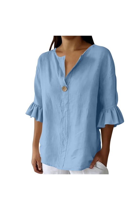 Plus Size Linen Shirt Women 3/4 Sleeve V Neck Tunic Tops Casual Loose Fit Button Blouse,L,Sky Blue