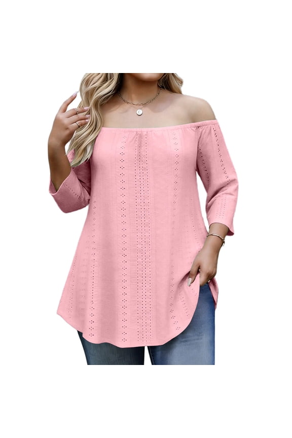 Plus Size Off Shoulder Tops for Women Eyelet 3/4 Sleeve Tunic Tops Loose Casual Shirts,XXL,Pink