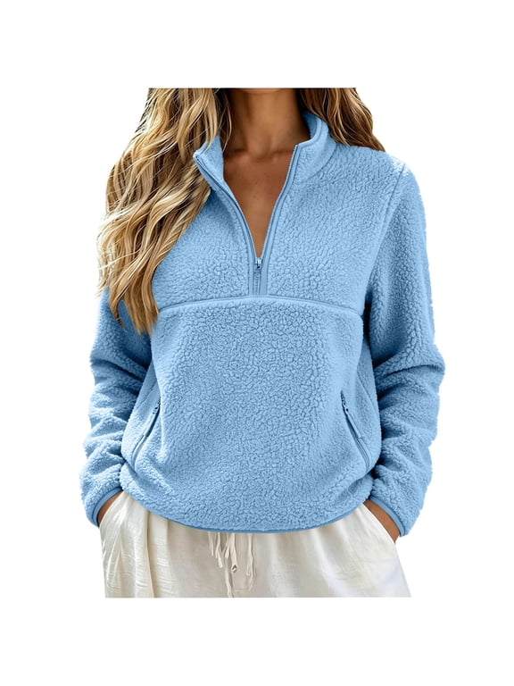 Polar Fleece Sweatshirt for Women Quarter Zip Pullover Long Sleeve Casual Fuzzy Tops with Pockets