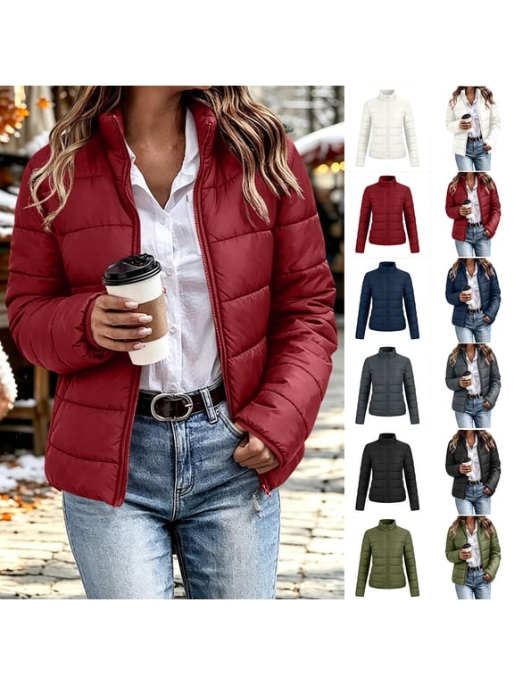Puffer Jacket Women Stand Collar Zip Up Short Quilted Coat Lightweight Warm Winter Outerwear