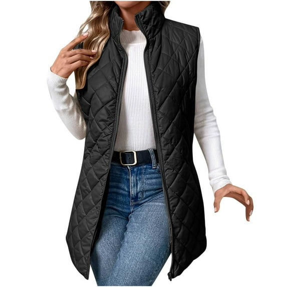 APEXFWDT Puffer Vest Women Winter Lightweight Full Zip Down Vest with Stand Collar Womens Vests Outerwear Casual Sleeveless Puffy Jackets Coat L Black