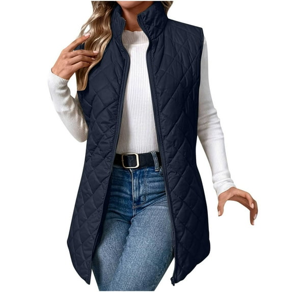 APEXFWDT Puffer Vest Women Winter Lightweight Full Zip Down Vest with Stand Collar Womens Vests Outerwear Casual Sleeveless Puffy Jackets Coat XXL Navy