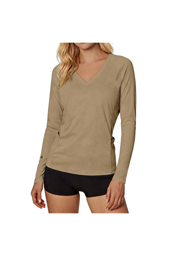 Rash Guard Sun Shirts for Women UPF 50+ Sun Protection Long Sleeve Workout Tops V Neck Hiking Shirt with Pockets,L,Khaki