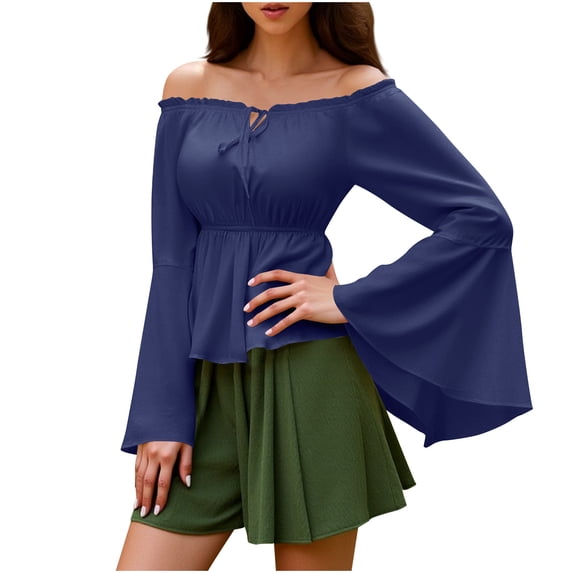 APEXFWDT Renaissance Peasant Top for Women Off Shoulder Bell Sleeve Blouse Medieval Pirate Costume,L,Navy