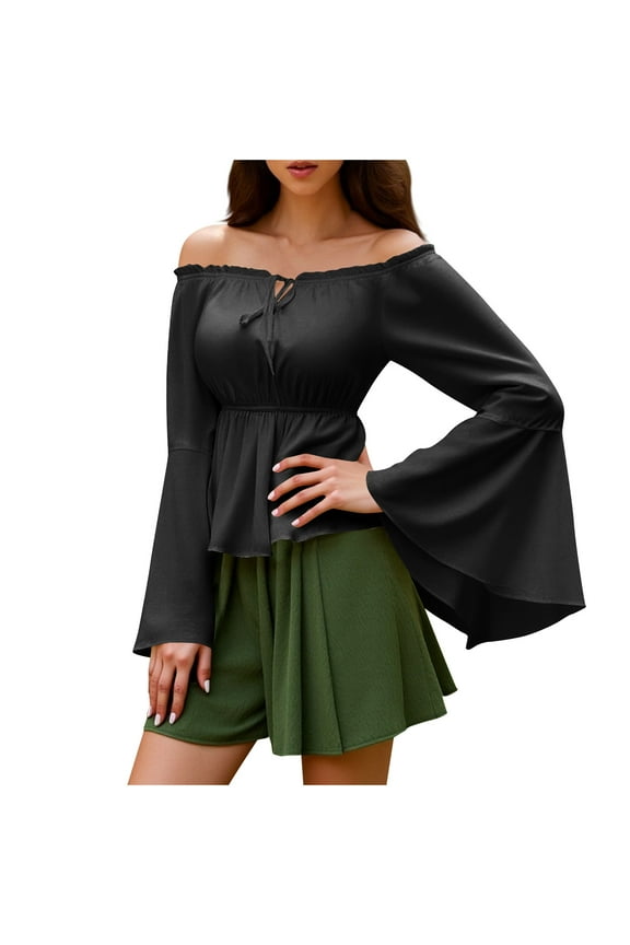 Renaissance Peasant Top for Women Off Shoulder Bell Sleeve Blouse Medieval Pirate Costume,M,Black